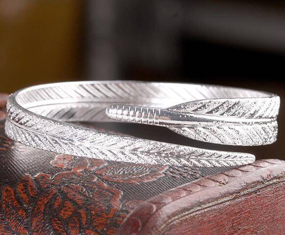 Etched Feather Bangle Cuff Bracelet