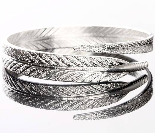 Etched Feather Bangle Cuff Bracelet