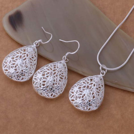 Floral Puff Silver Drops Matching Necklace and Earrings Set for Woman Special Occasion Birthday Holiday Anniversary