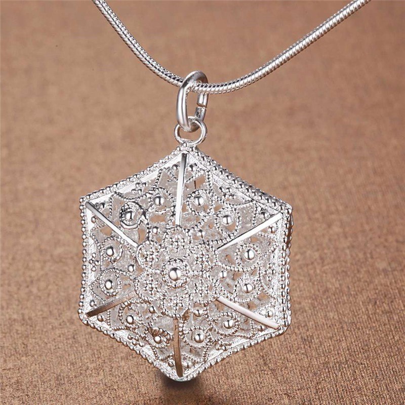 Six Sided Filigree Puffed Cage Silver Necklace