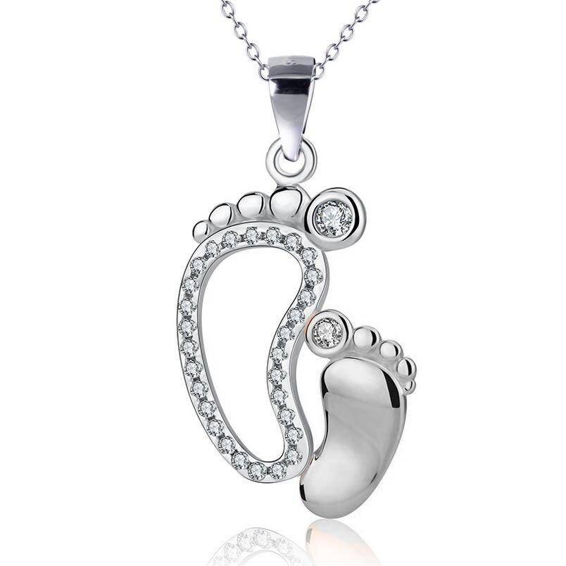 Mother & Child 14K White Rose Gold Plated Cz Footprints Woman Necklace