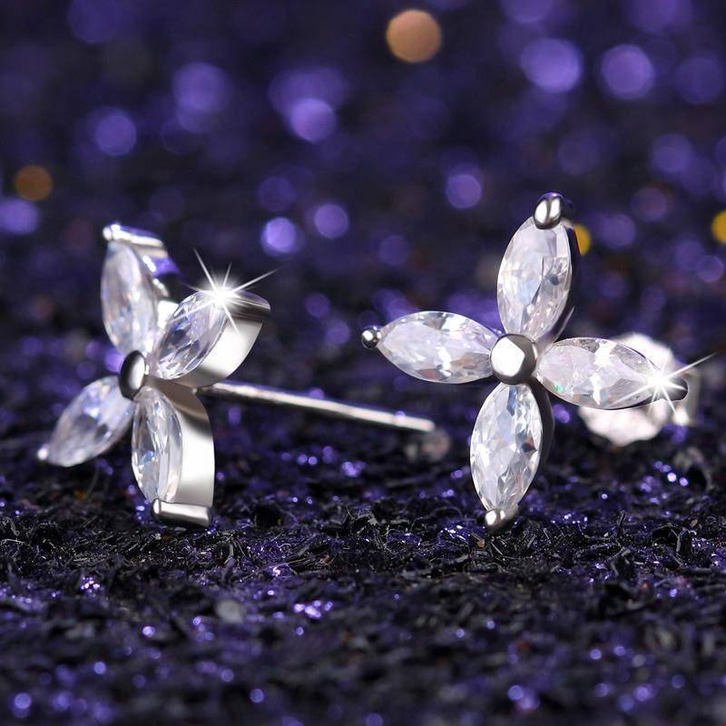 14K White Gold Plated Four Petals Austrian Crystal Flower Delicate Stud Earrings for Women or Girls
