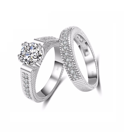 French Foiled Pavé 1CT CZ Solitaire Wedding Band Set