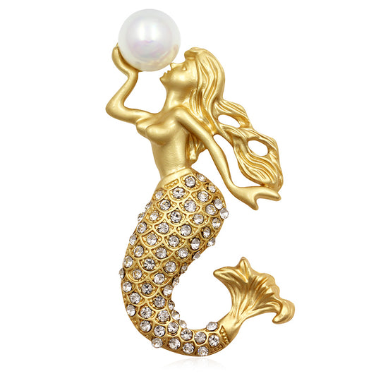 Mermaid & Pearl Crystal Encrusted Brooch Sweater Pin for Women