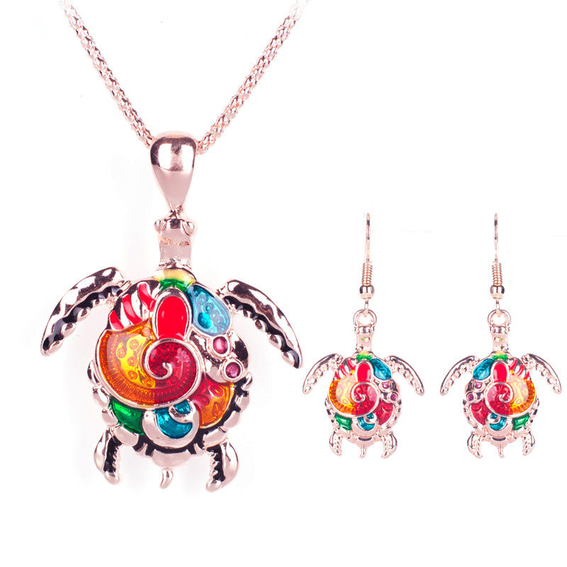 Artsy Sea Turtle Enamel Necklace and Earrings Set