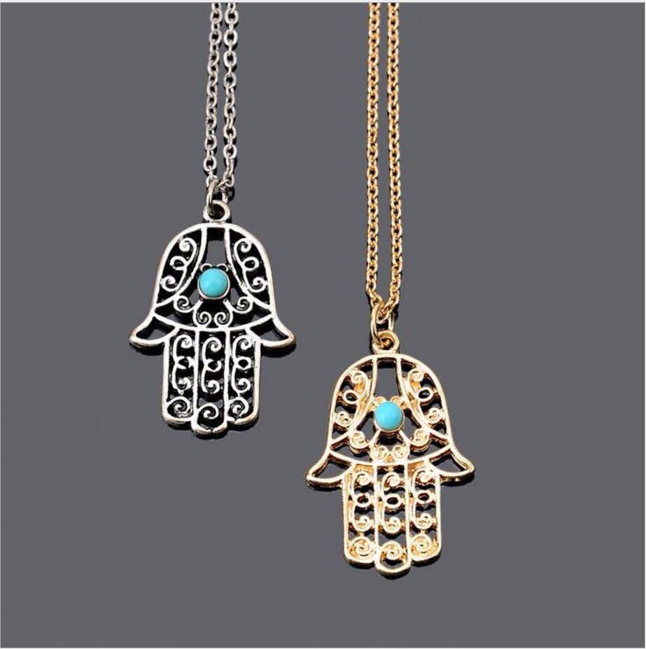 Turquoise Bead and Scrolls Gold plated Hamsa Necklace for Women