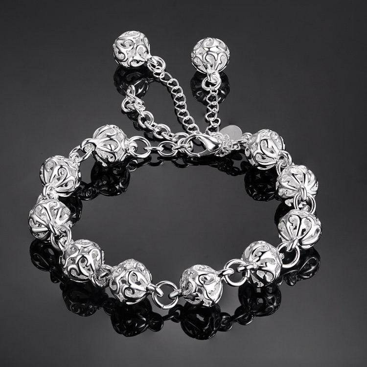 Lacework Beads Openwork Filigree design 8 Inch Silver Bracelet for Women