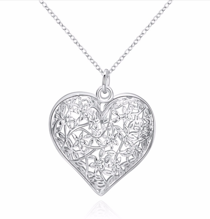 Flowering Scroll Design Puffed Heart Silver Necklace for Woman