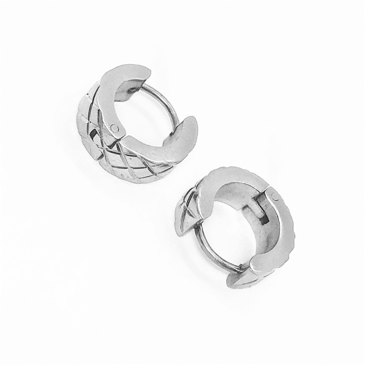 Wide Diamond Cut Stainless Steel Huggie Hoop Earrings