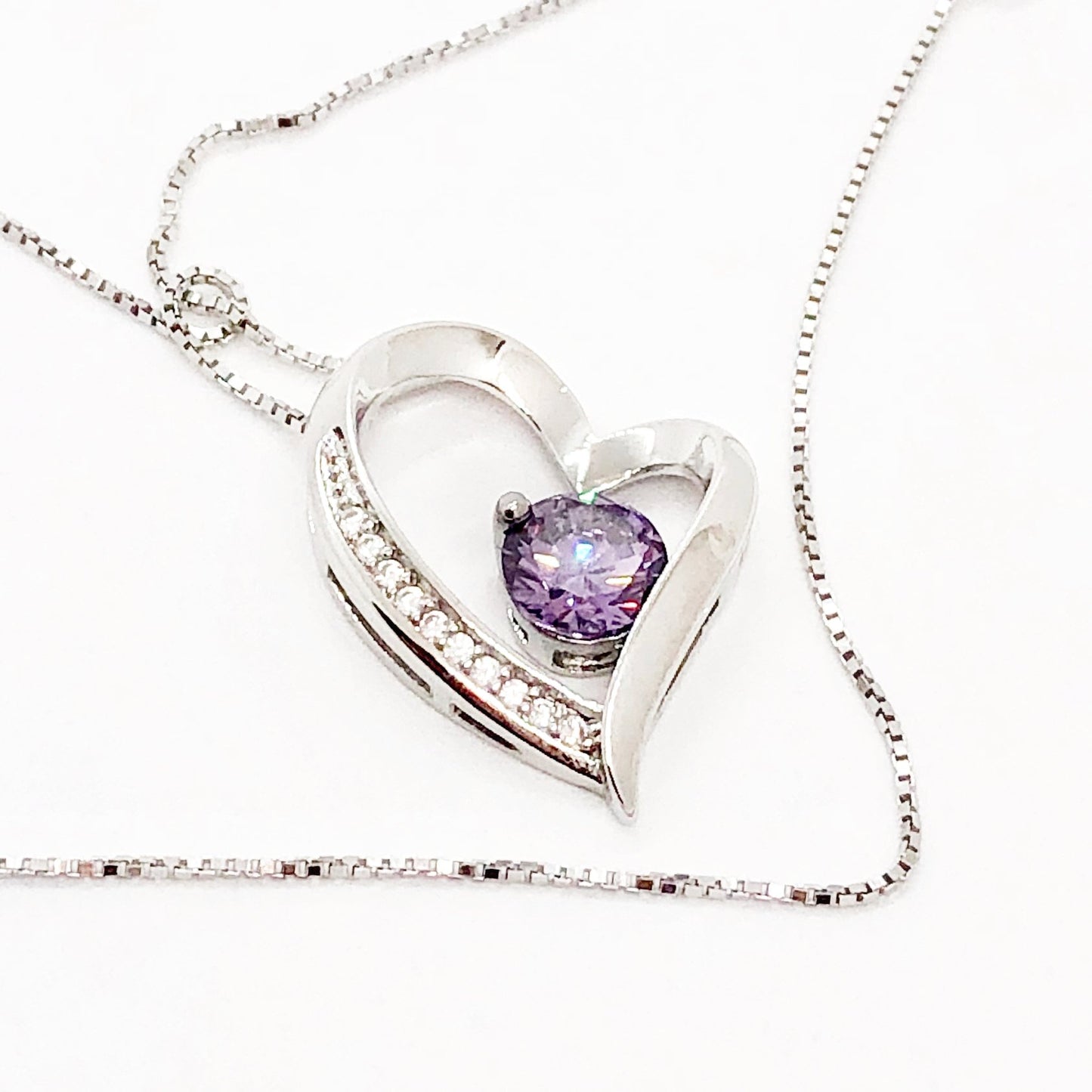 Floating Silver Heart Purple Zirconia Necklace