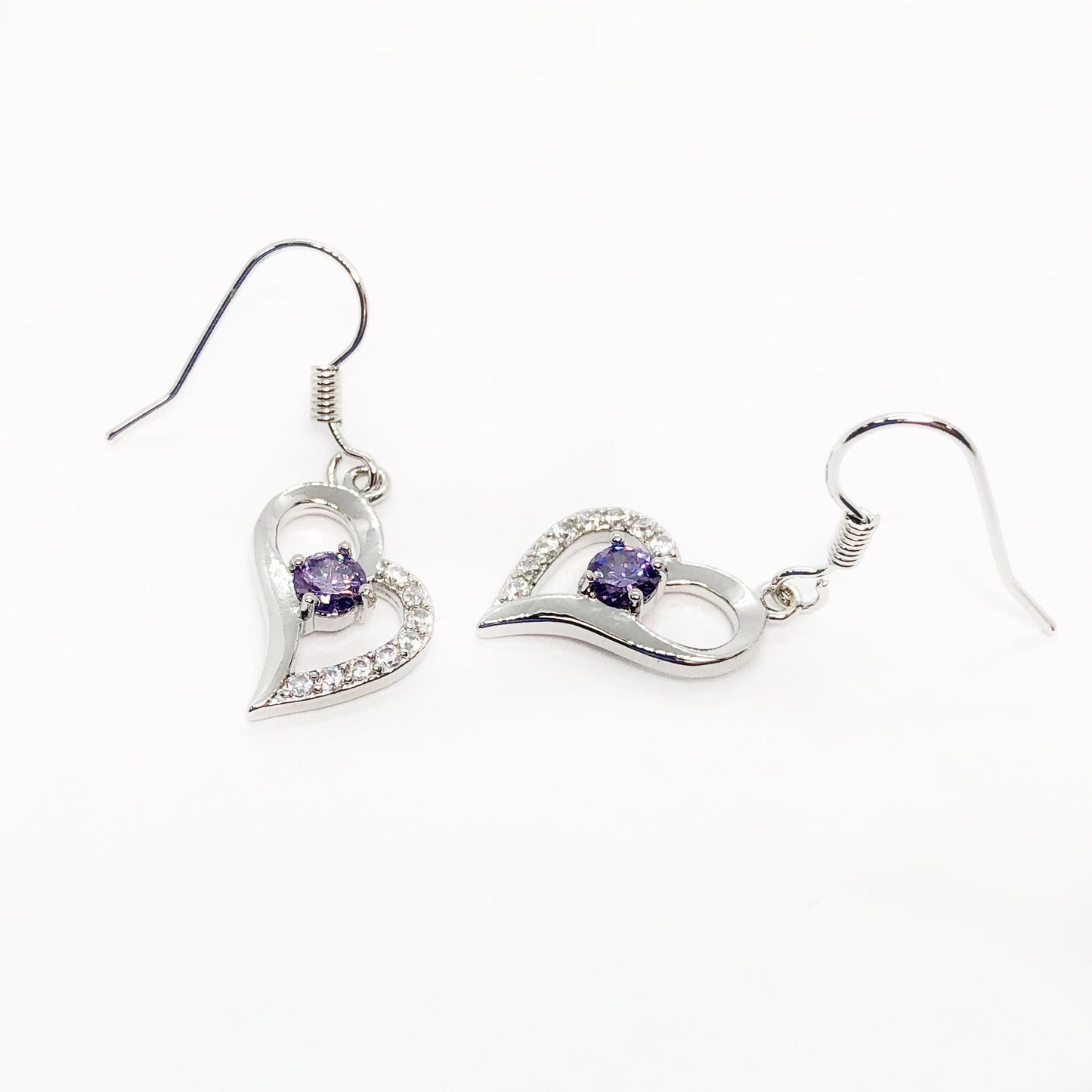 Exaggerated Silver Heart Purple Zirconia Earrings