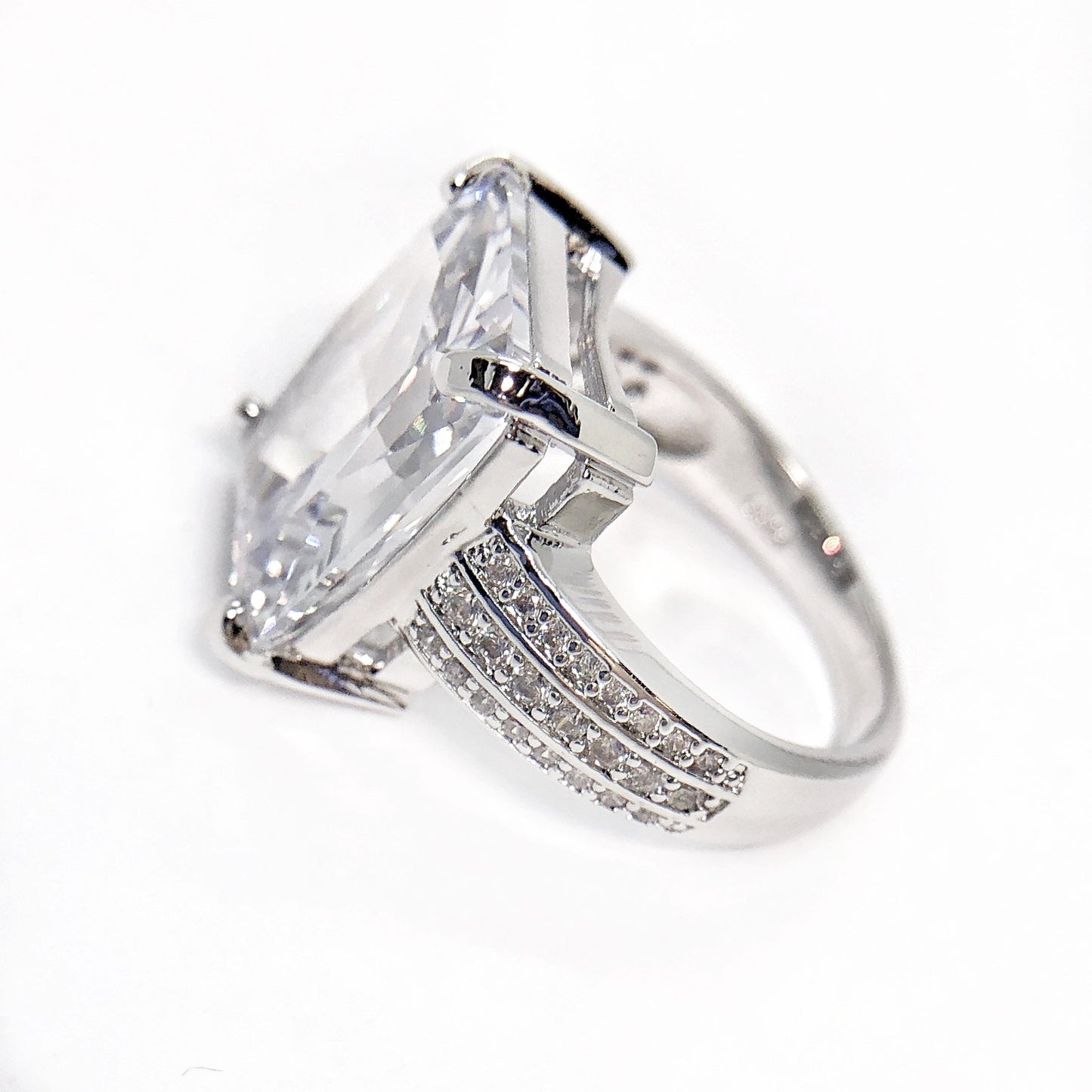 Fire Radiant Emerald Cut Zirconia White Gold Cocktail Ring