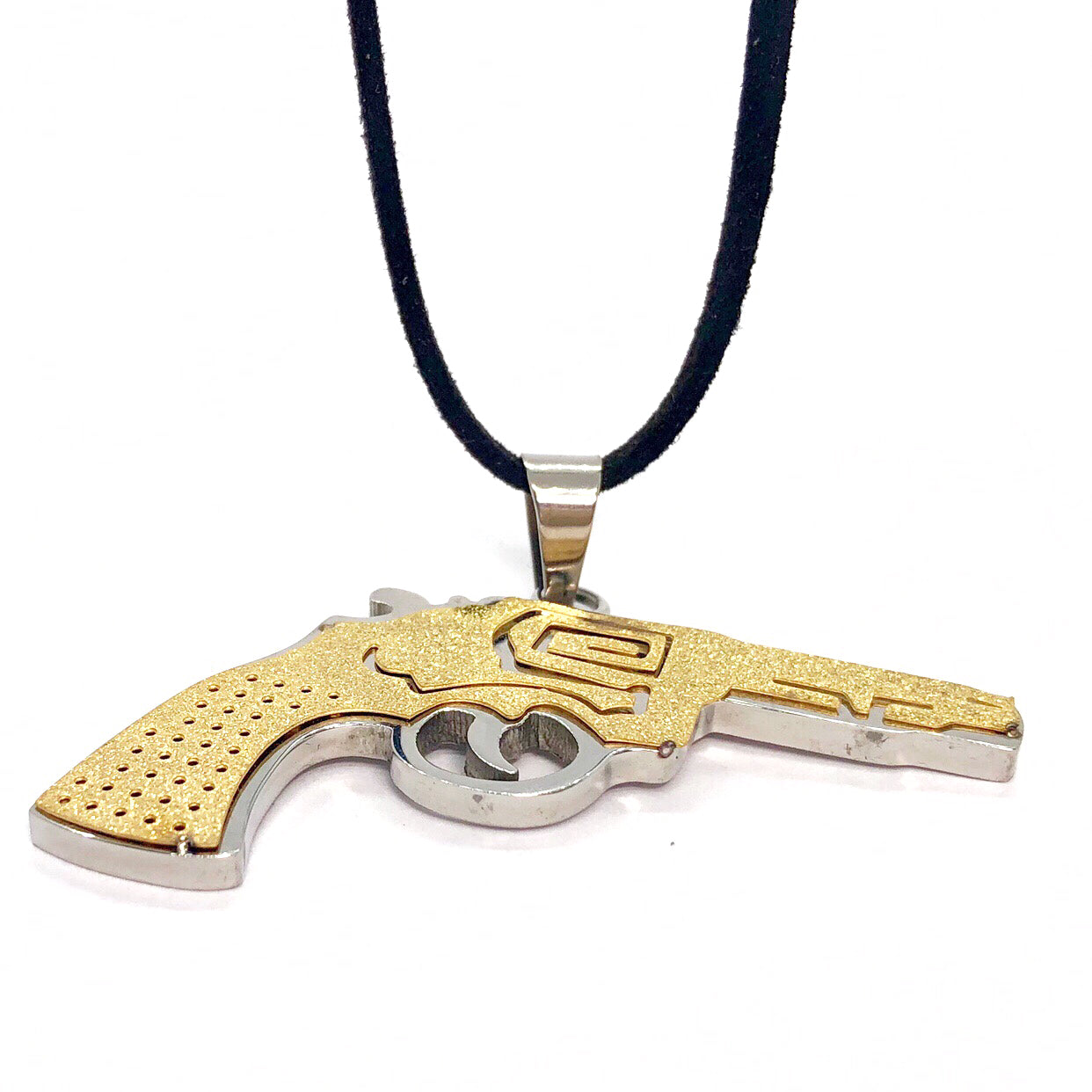 Gold Sandblasted Stainless Steel Revolver Pendant Necklace