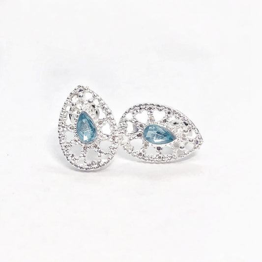 Silver Spring Aqua Pear Crystal Stud Earrings