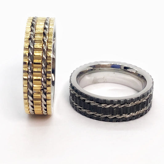 Track Motif Men's Stainless Steel Band in Gold or Black
