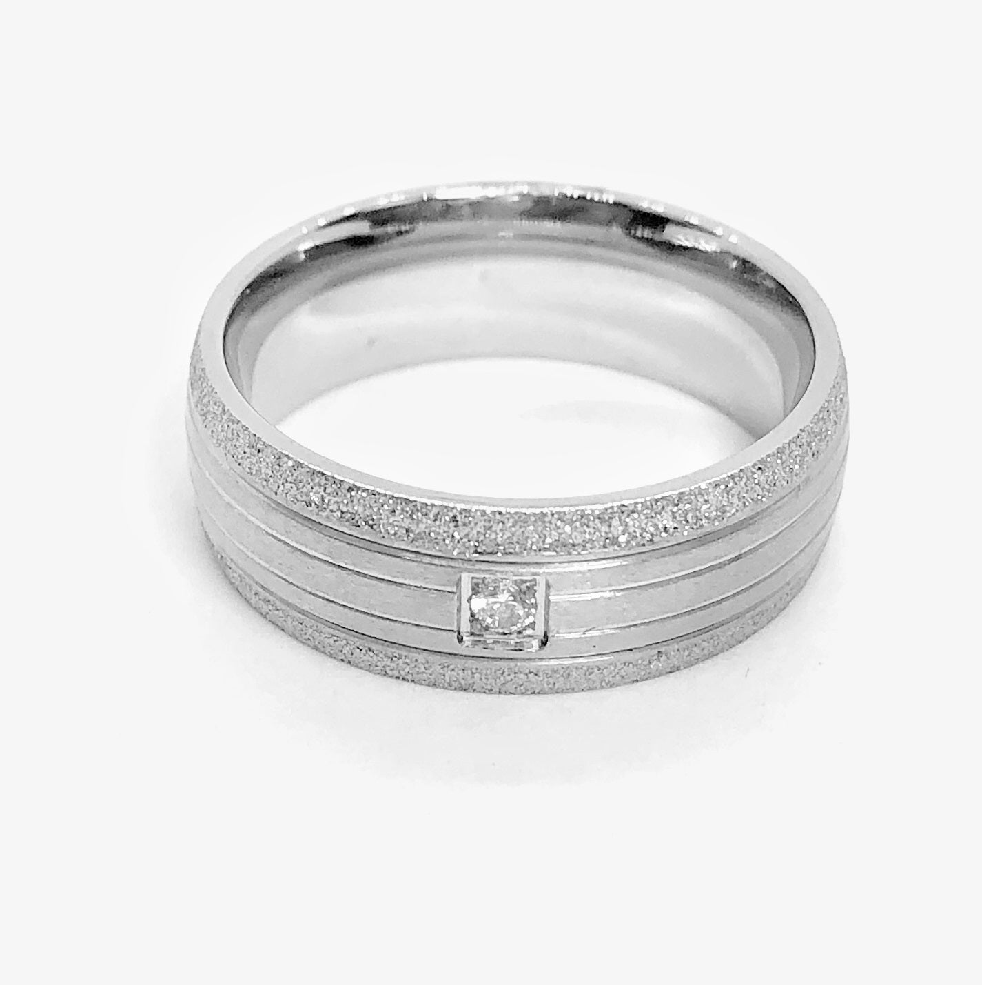 Sandblasted Silver CZ & Stainless Steel Band