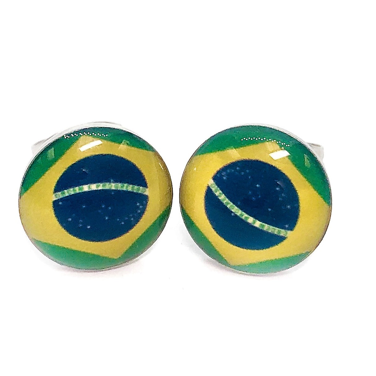 Brazilian Flag Enamel Button Stud Earrings