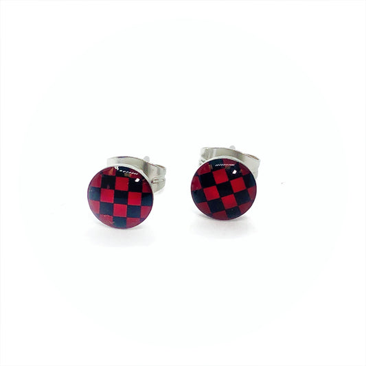 Black & Red Checkers Stainless Steel Studs