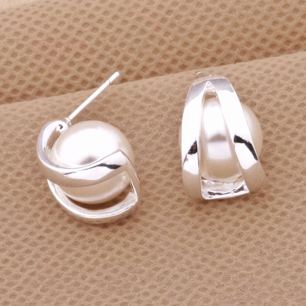 Shiny Silver Half Hoop Pearl Earring