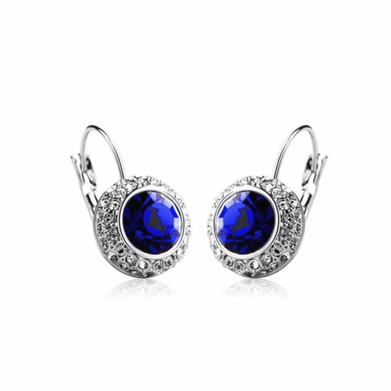 14K White Gold Sapphire Blue On White Gold Bezel Set IOBI Crystals Earrings for Woman