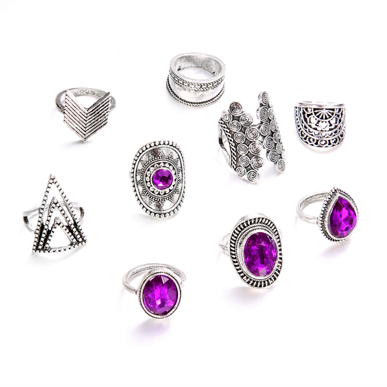 Dark Purple Stone Boho Midi-Knuckle Rings Set of 9