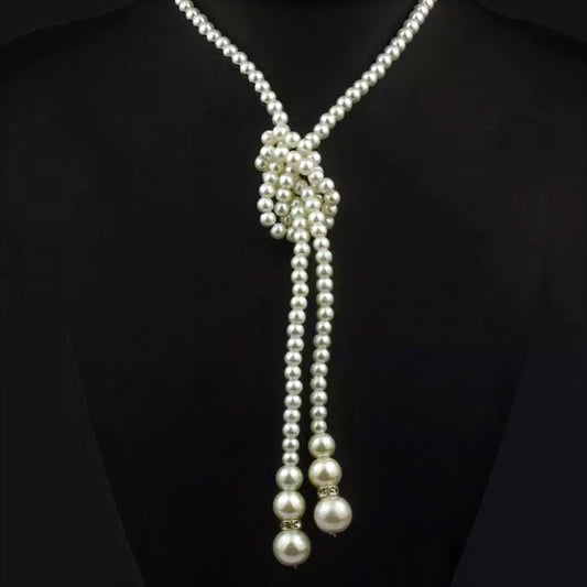 Long Knotted Pearl Bead Two Tassel Necklace
