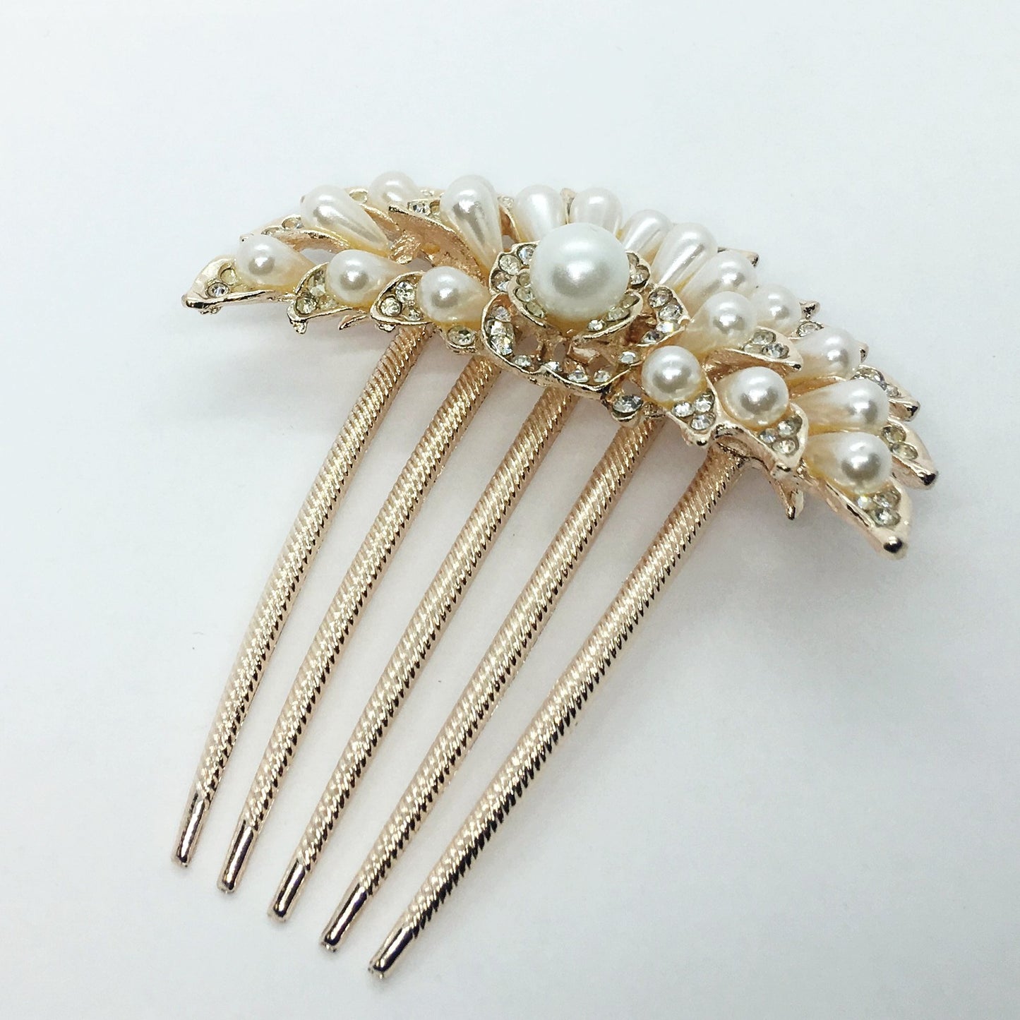 Blossoming Pearl Flower and Crystal Gold Plated Hair Comb