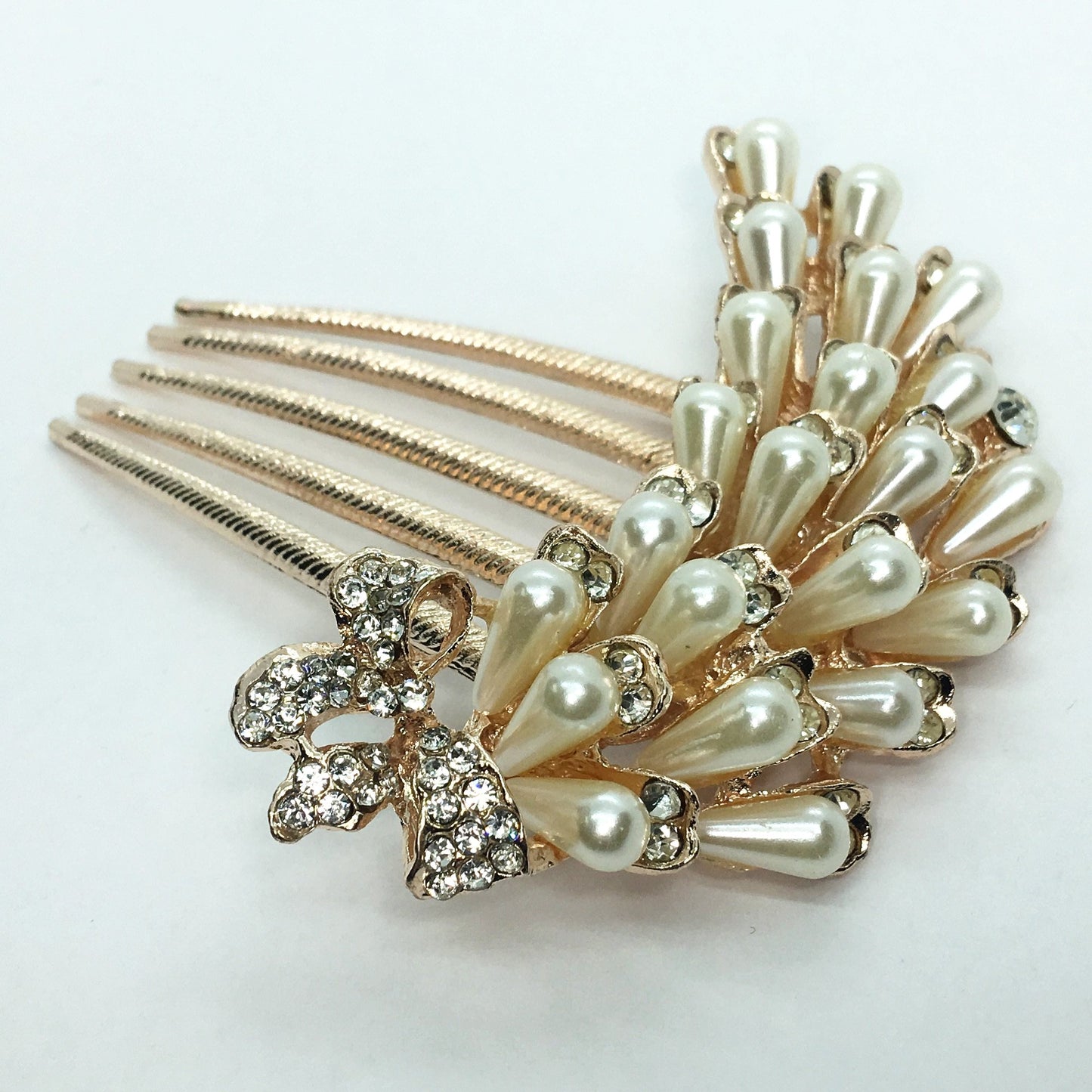 Cascade Pearl and Crystal Bow Gold Plated Hair Comb for Woman