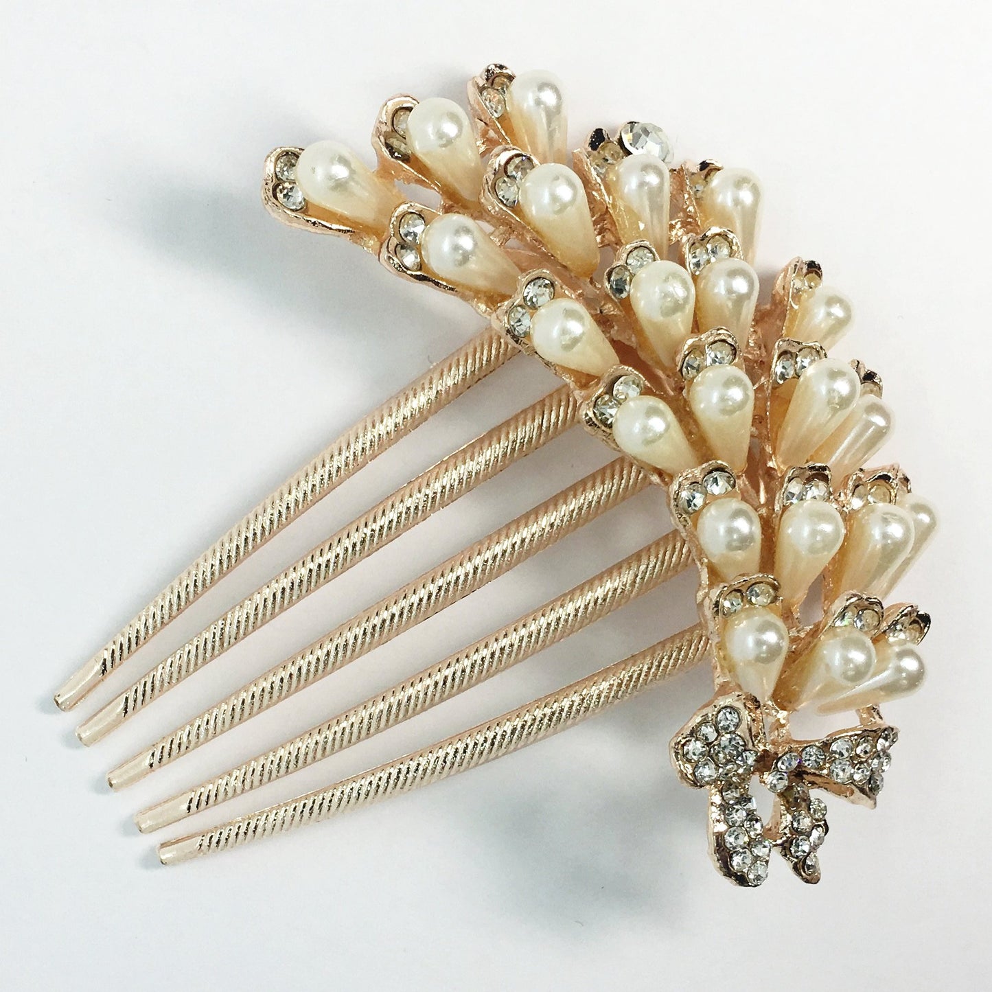 Cascade Pearl and Crystal Bow Gold Plated Hair Comb for Woman