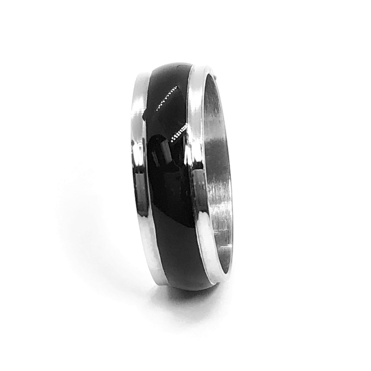 Glossy Black Stripe Stainless Steel Ring