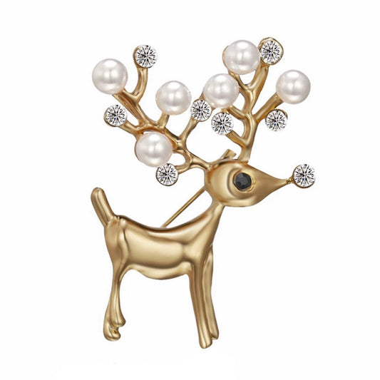 Pearl & Rhinestone Gold Tone Deer Brooch Pin