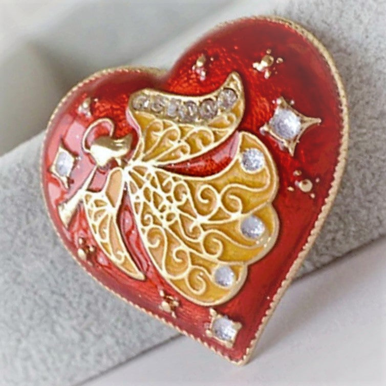 Angel Heart Red Enamel Crystal Brooch Pin for Women