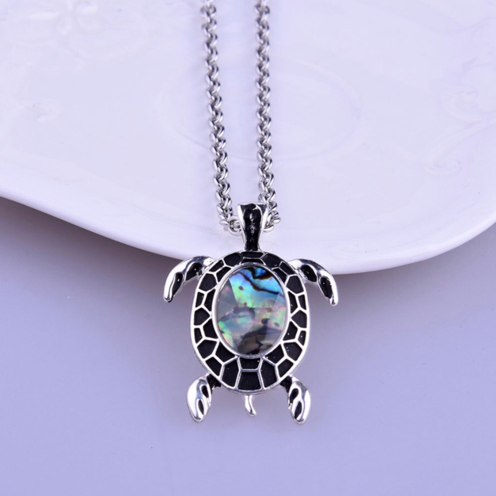 14K White Gold Iridescent Black Enamel Shell Turtle Necklace & Earrings Set for Woman