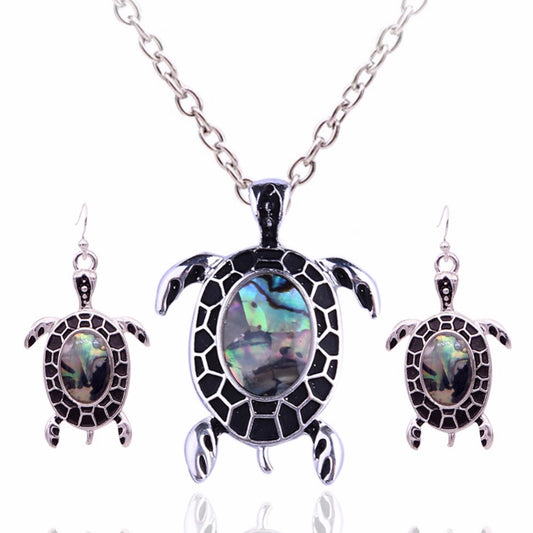 14K White Gold Iridescent Black Enamel Shell Turtle Necklace & Earrings Set for Woman