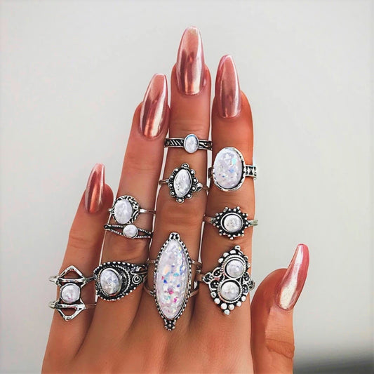Iridescent Trendy Boho Midi-Knuckle Rings Set of 10 for Woman