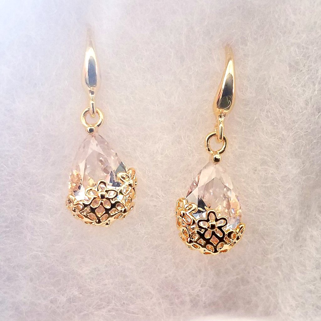 18K Gold Plated Stunning Infused Diamond Dust 6Ctw Crystal Dangling Earrings Basket with Flowers Design for Woman Special Occasion