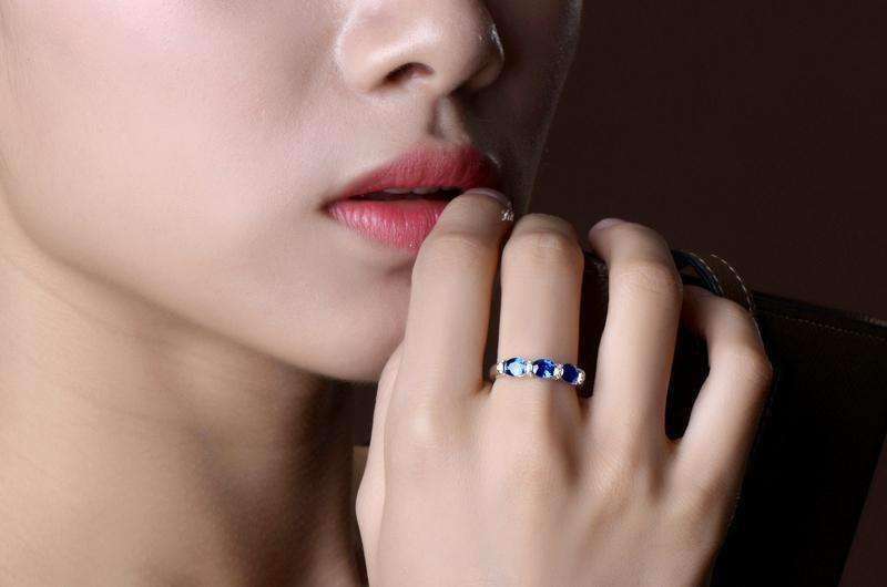 Josette En Bleu 1.5CTW Oval Three Stone Band IOBI Simulated Diamond Ring