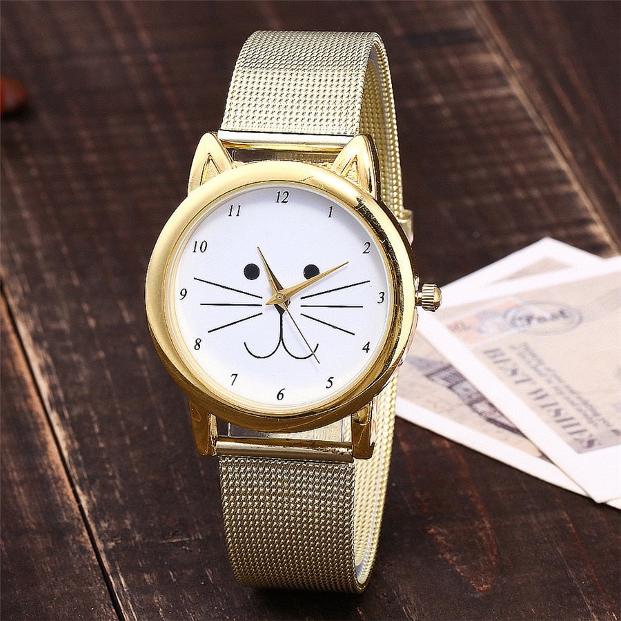 Cats All The Time Gold Mesh Watch