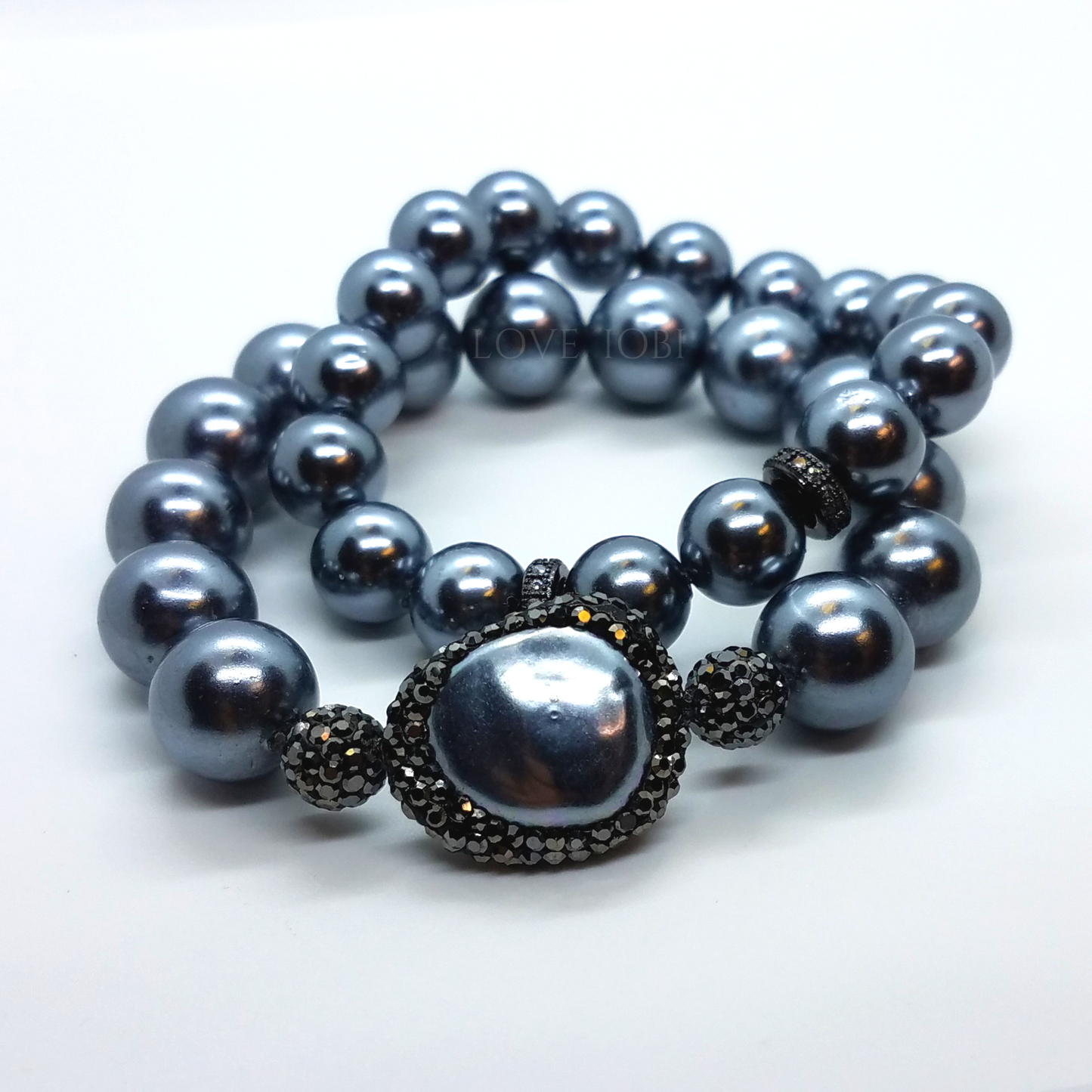 Black Shell Pearl and Hematite Stretch Bracelet Set for Woman
