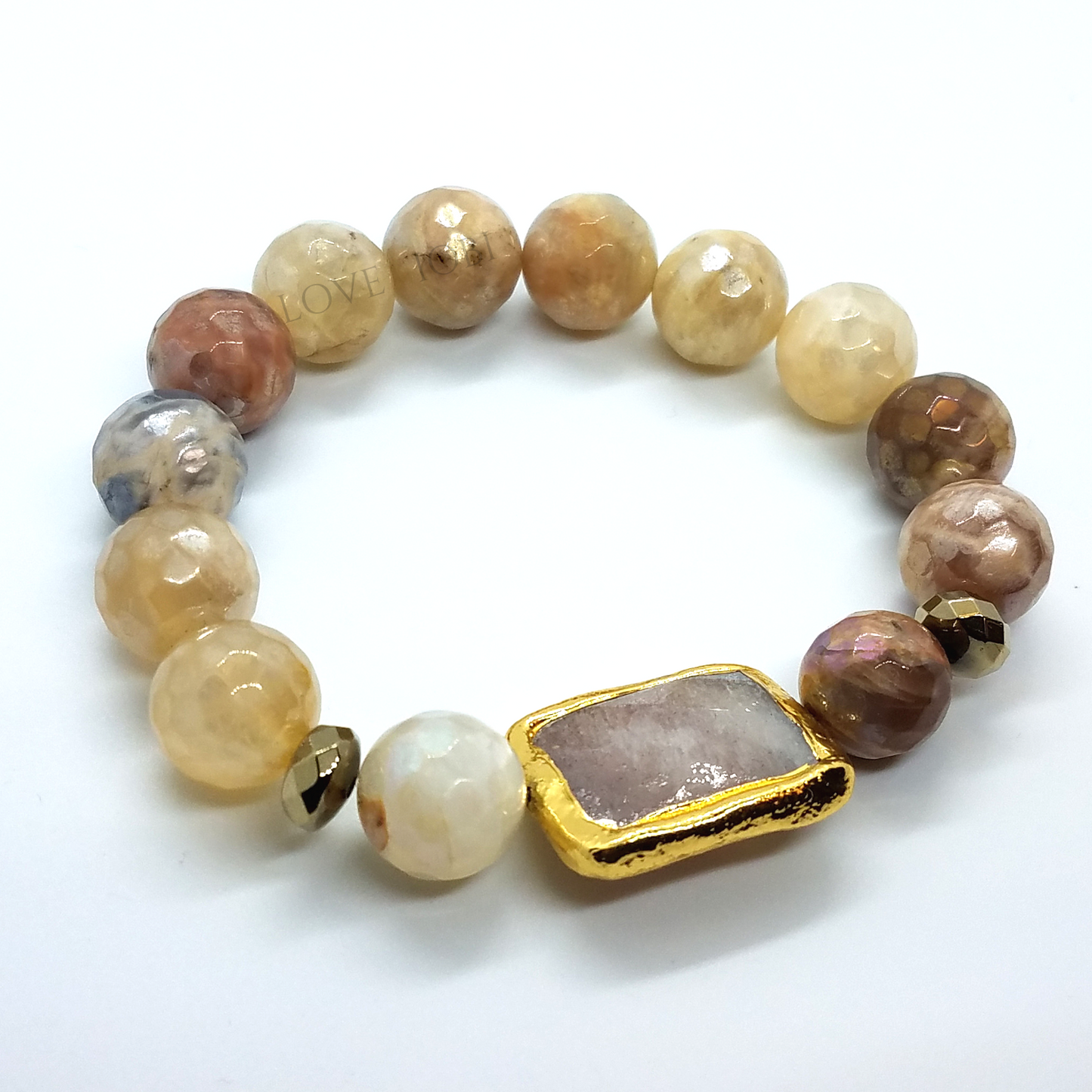 Natural Peach Moonstone Briolette Stretch Bead Bracelet with Gold Edging for Women