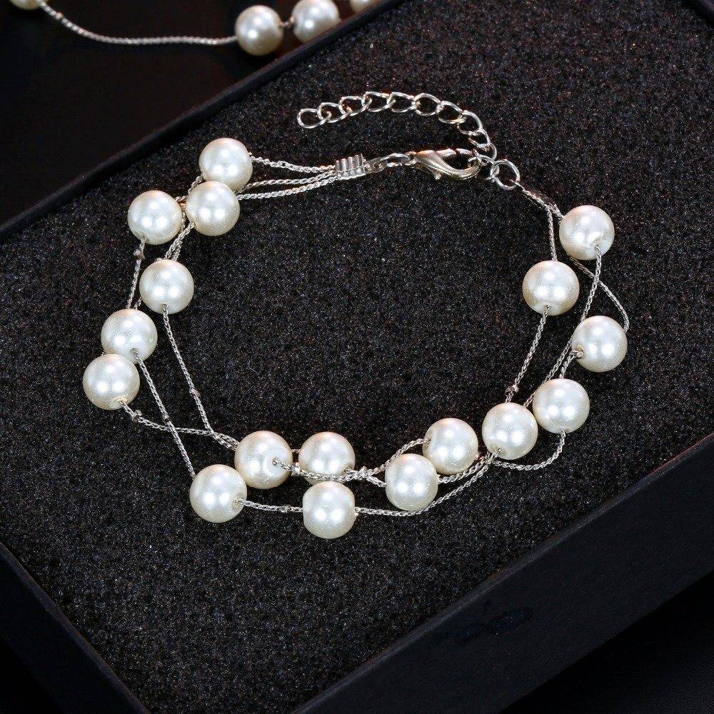 Layered Pearl Bead Station Necklace, Bracelet and Earrings Set