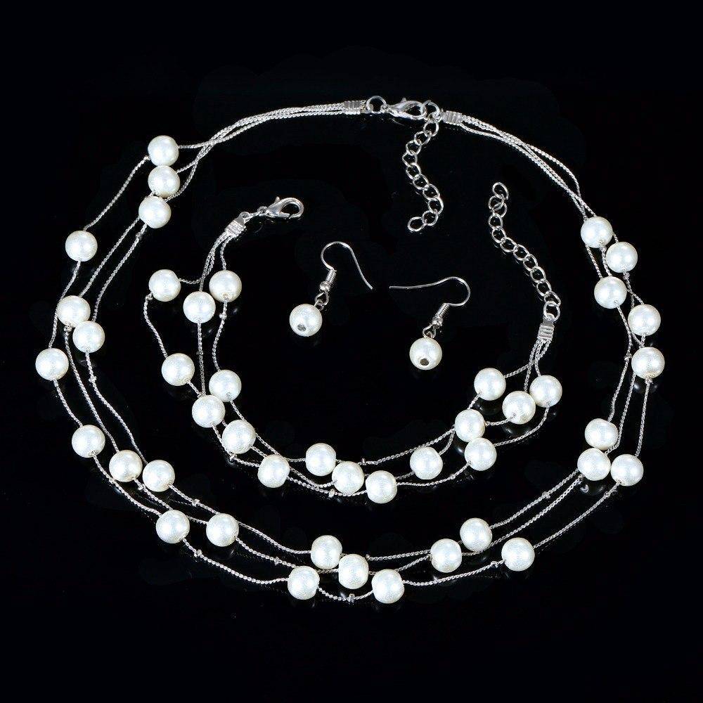 Layered Pearl Bead Station Necklace, Bracelet and Earrings Set