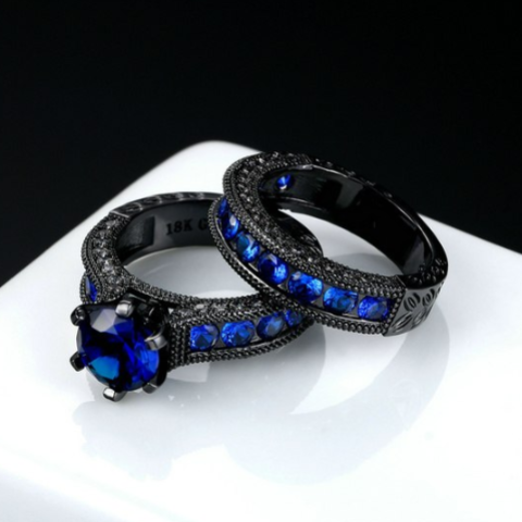 Blue Evening CZ Solitaire Black Gold Engagement Ring Set For Woman