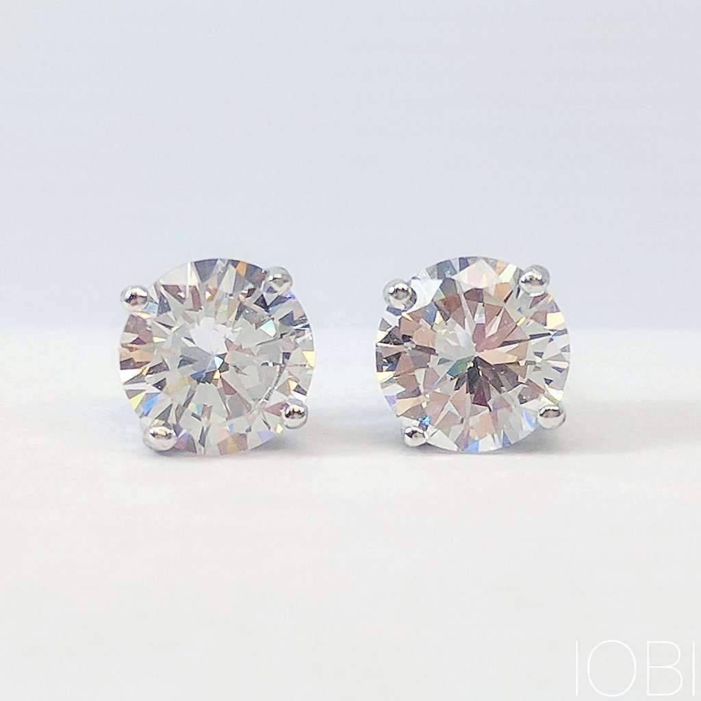 Opulence Round IOBI Simulated Diamond Solitaire Sterling Silver Platinum Plated Stud Earrings