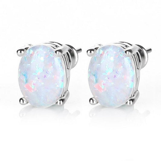 White Simulated Opal Oval Solitaire On 14K White Gold Plated Stud Earrings