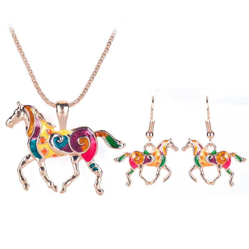 Painted Pony Enamel Horse Necklace and Earrings Set for Women