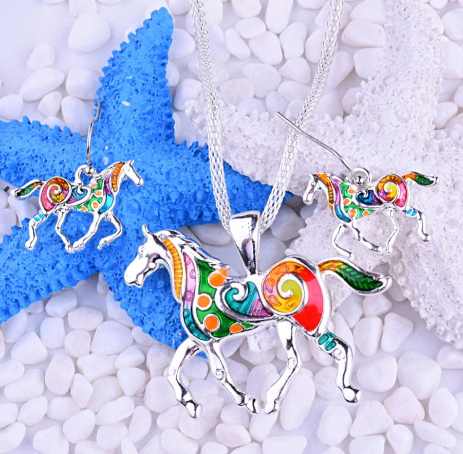 Painted Pony Enamel Horse Necklace and Earrings Set for Women
