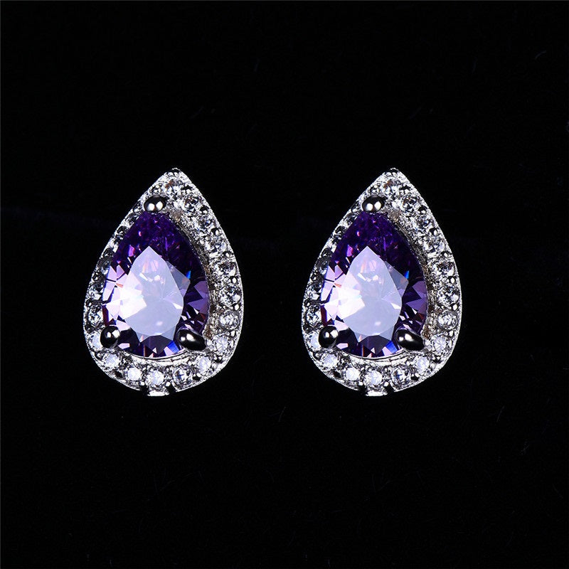 Zirconia Pear Halo White Gold Cz Stud Earrings for Women - Six Gemstone Colors