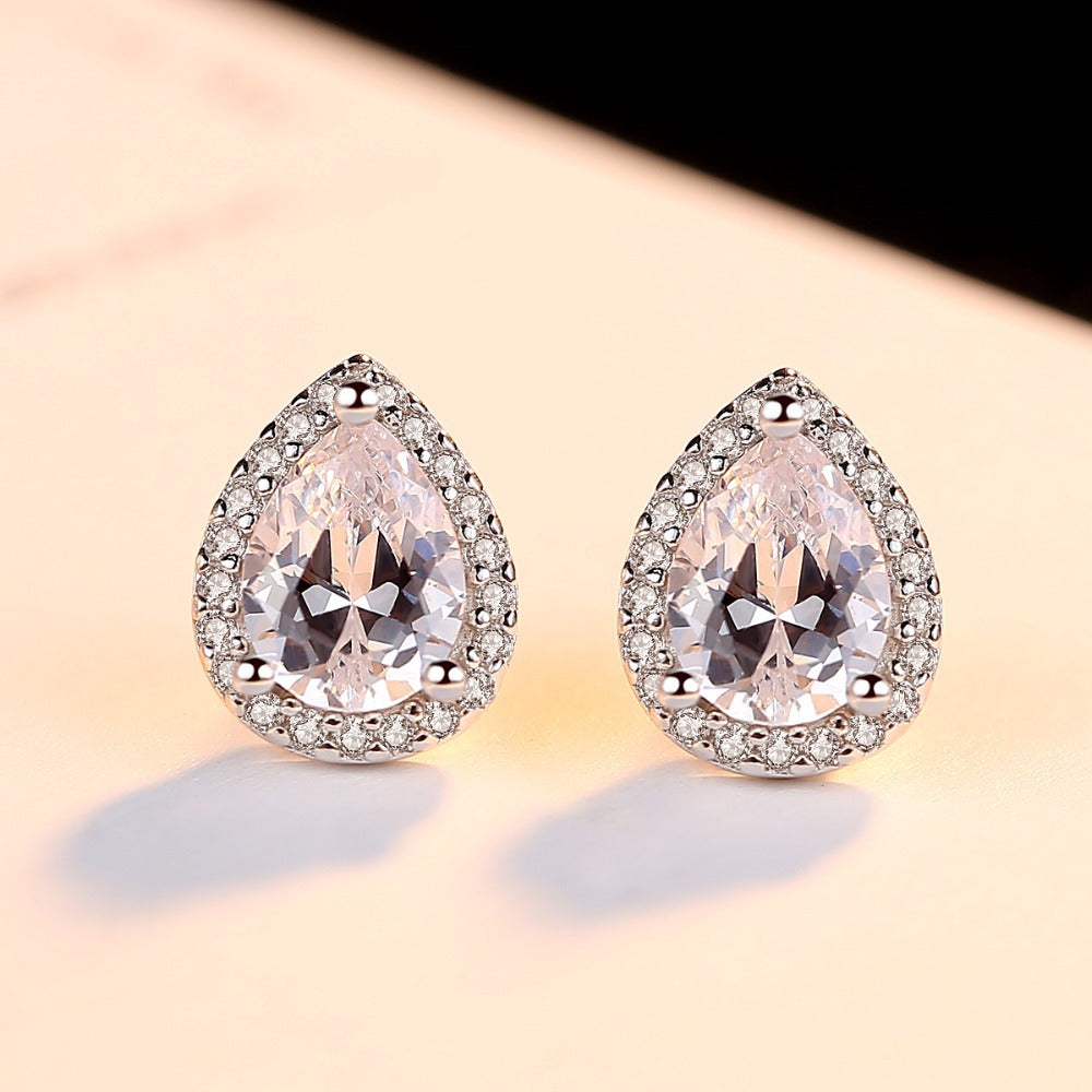 Zirconia Pear Halo White Gold Cz Stud Earrings for Women - Six Gemstone Colors