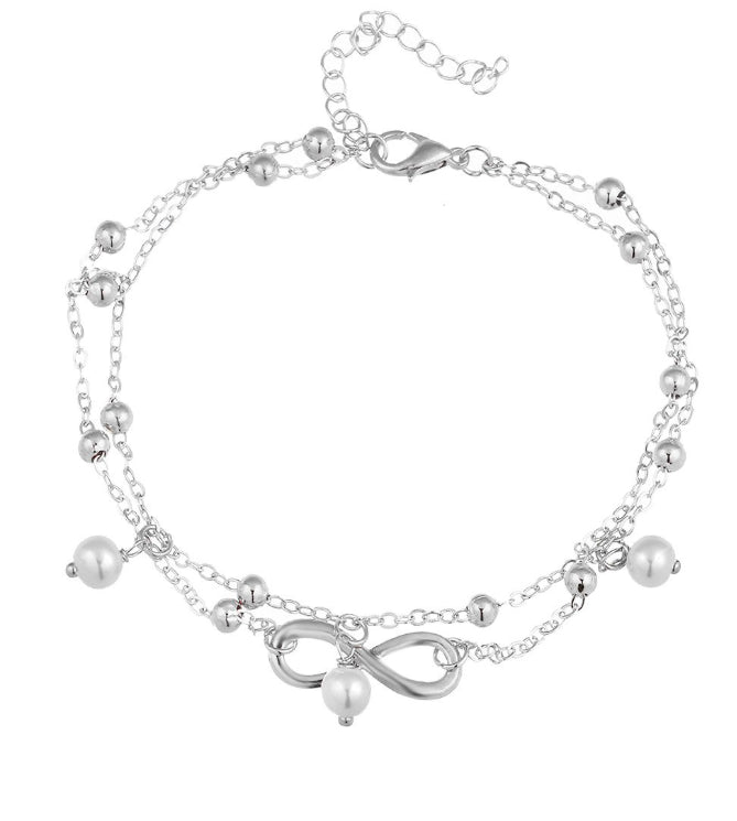 Pearl Beads Infinity Double Anklet In Silver or Gold
